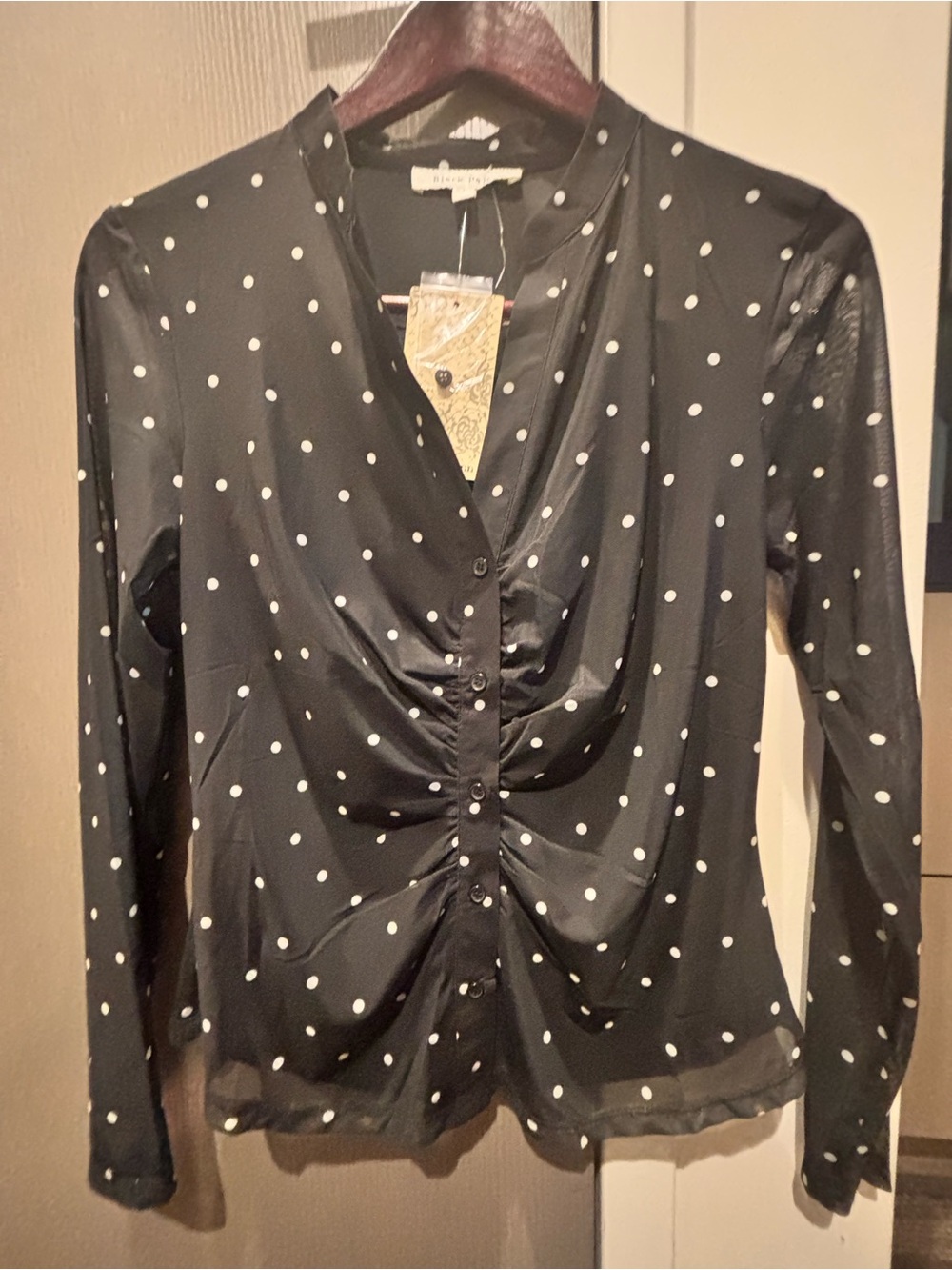 Black Rainn Black and White Polka Dot Ruched Button-Front Blouse